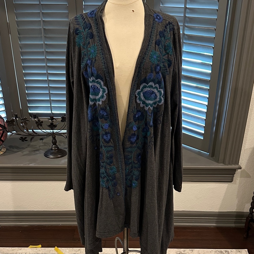 Charcoal Open Front Cardigan with Blue Embroidery